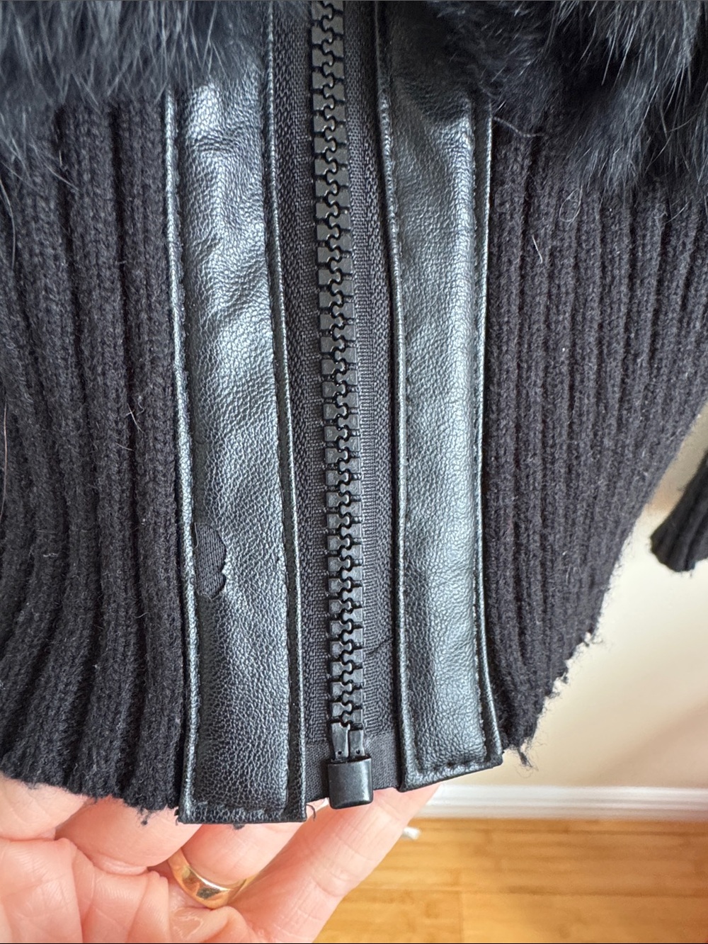 Black Rabbit Fur Ribbed Zip-Up Jacket - Picture 5 of 9